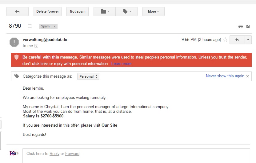 Gmail Suspicious Dangerous Email with reasons